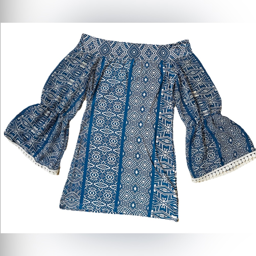 Analili Vintage Geo Blouse Blue White S Off Shoulder Boho Coquette Party Elegant